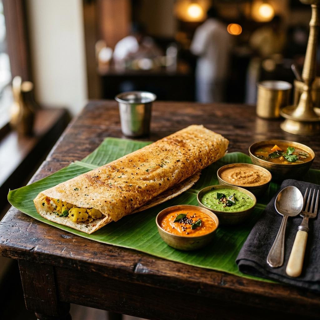 Crispy Masala Dosa alongside chutneys