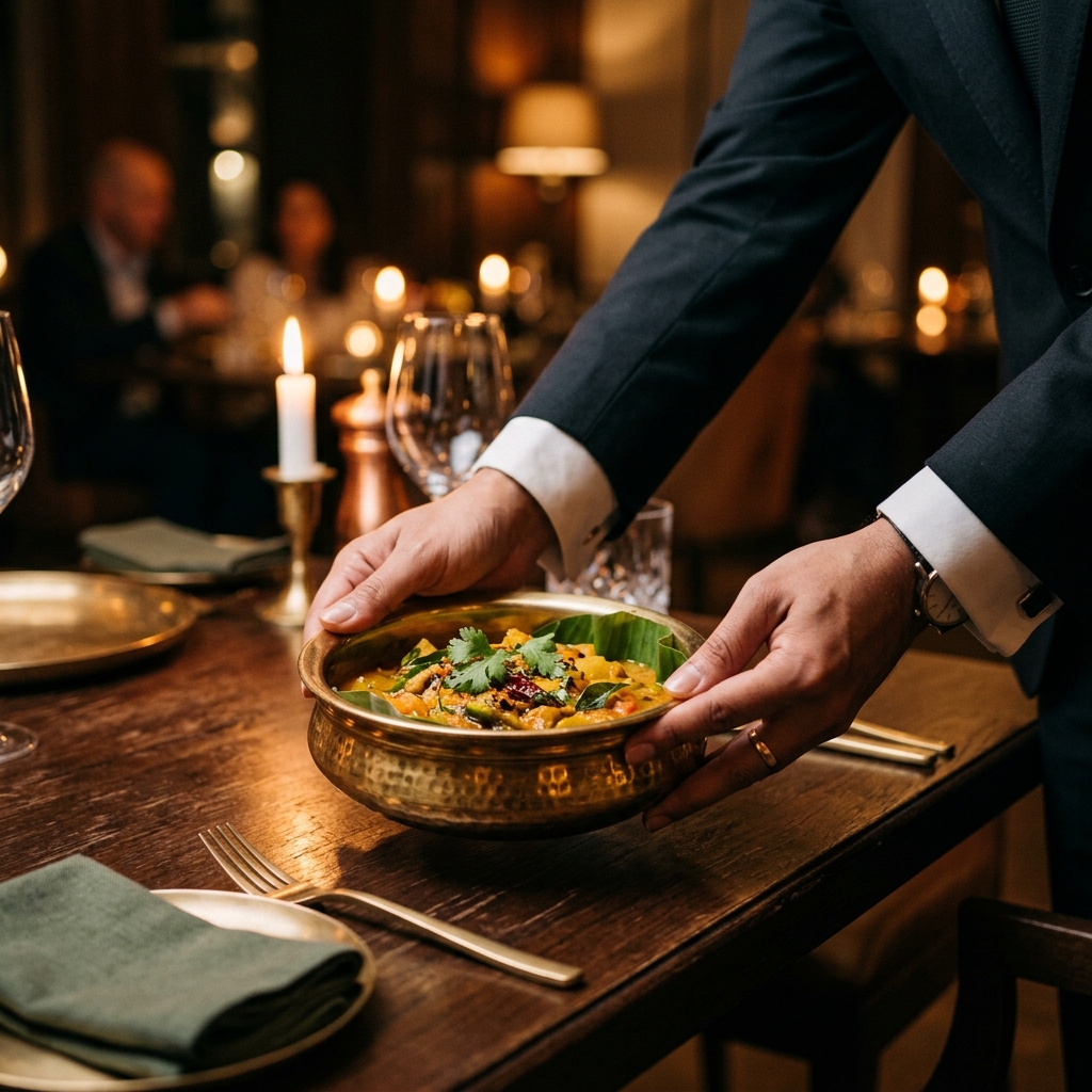Waiter serving fine dining Indian meal